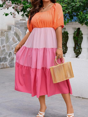Plus Size Orange & Pink Colorblock Puff Sleeve Maxi Dress