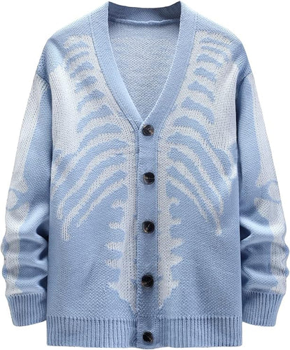 Men's Light Blue Skeleton Print Knit Button Cardigan Sweater