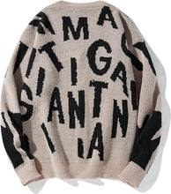 Load image into Gallery viewer, Men&#39;s Beige Black Letter Print Knit Button Cardigan Sweater