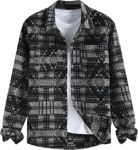 Men's Plaid Button Flannel Black Long Sleeve Shacket