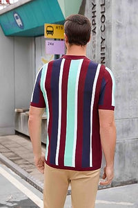 Men's Striped Golf Polo Short Burgundy Sleeve Shirt