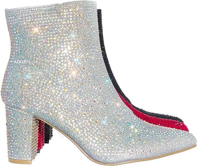 Rhinestone Studded Sequin Silver Rhinestone Ankle Boots