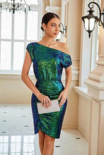 Load image into Gallery viewer, Sparkly One Shoulder Green Sequin Dress