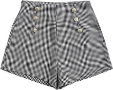 Load image into Gallery viewer, Black &amp; White Houndstooth Gold Button High Waist Shorts