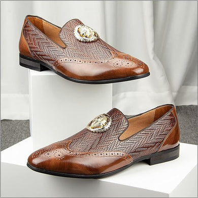 Men's Leather Brown Chevron Gold Lion Loafer Dress Shoes