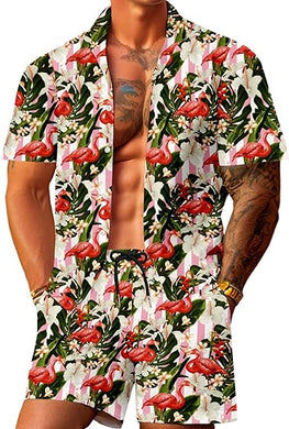 Men's Luxury Printed Floral Pink Striped Shirt & Shorts Set