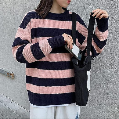 Striped Knit Loose Fit Pink Long Sleeve Sweater