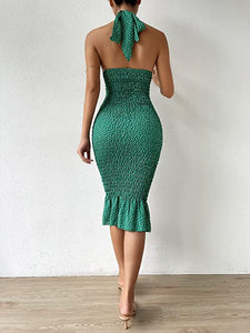 Floral Green Criss Cross Halter Backless Flared Midi Dress