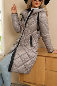 Windproof Champagne Thick Diamond Quilted Long Sleeve Hooded Winter Coat