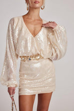 Load image into Gallery viewer, Cocktail Pearl Sequin Long Sleeve Wrap Mini Dress