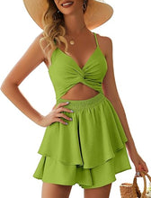Load image into Gallery viewer, Ruffled Cut Out Avocado Green Sleeveless Shorts Romper