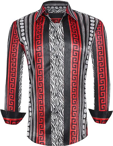 Men's Fashion Luxury Printed Paisley Red Black Long Sleeve Shirt