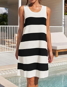 Black & White Striped Sleeveless Tunic Dress