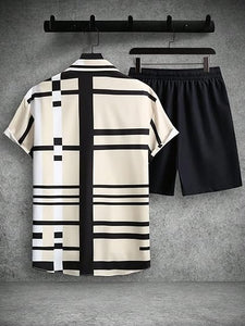 Men's Orange/Black Geometric Short Sleeve Shirt & Shorts Set