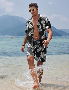 Men's Black/White Print Summer Button Up Shorts & Shirt Set