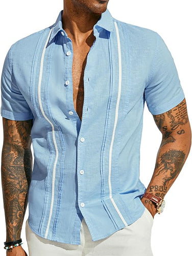 Men's Cuban Style Striped Short Sleeve Light Blue Shirt