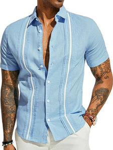 Men's Cuban Style Striped Short Sleeve Light Blue Shirt