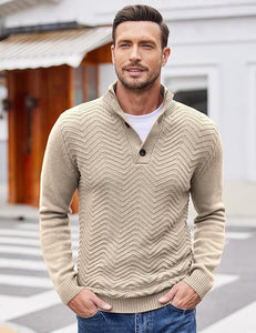 Men's Red Quarter Button Long Sleeve Sweater