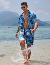 Load image into Gallery viewer, Men&#39;s Black/White Print Summer Button Up Shorts &amp; Shirt Set