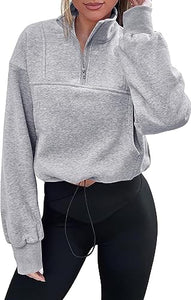 Light Grey Zip Front Long Sleeve Drawstring Pull Over Sweater