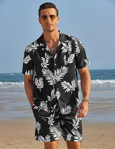 Men's Black/White Print Summer Button Up Shorts & Shirt Set