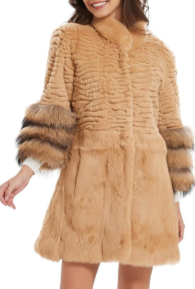 Camel Genuine Rabbit Fur With Fox Fur Long Sleeve Coat