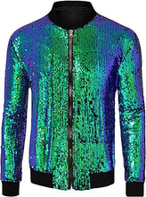 Load image into Gallery viewer, Men&#39;s Glitter Sequin Zip Up Blue Bomber Jacket