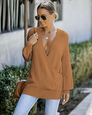 Chic Loose Fit Almond Brown Long Sleeve Wrap Sweater