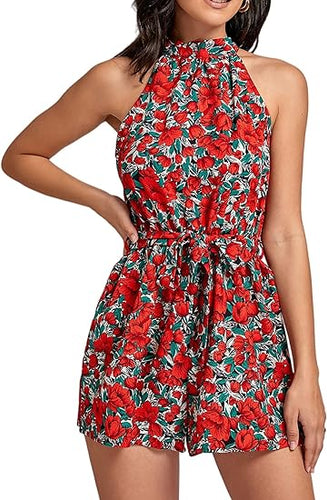 Halter Floral Red Sleeveless Shorts Romper