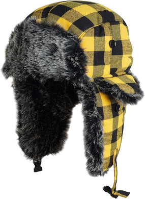 Yellow/Black Faux Fur Lined Winter Trapper Hat