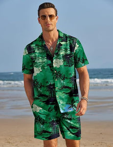 Men's Black/White Print Summer Button Up Shorts & Shirt Set