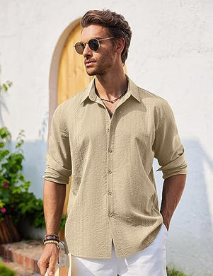 Men's Casual Deep Beige Linen Long Sleeve Shirt