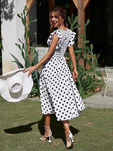 White Polkadot Ruffle Sleeve Maxi Dress