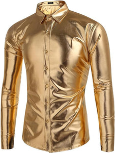 Men's Designer Style Metallic Shiny Light Gold Long Sleeve Shirt