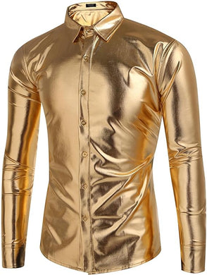 Men's Designer Style Metallic Shiny Gold Long Sleeve Shirt