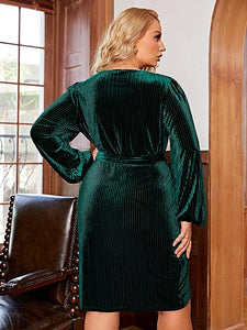 Plus Size Green Velvet Long Sleeve Belted Wrap Dress