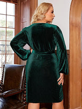 Load image into Gallery viewer, Plus Size Black Velvet Long Sleeve Belted Wrap Dress