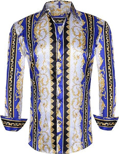 Men's Fashion Luxury Printed Blue Floral Long Sleeve Shirt