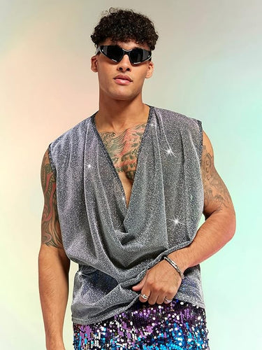 Men's Silver Sparkling Short Sleeve Metallic Shirt