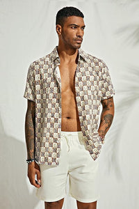 Men's Printed Button Up Short Sleeve Summer Brown Shirt