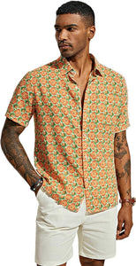 Men's Printed Button Up Short Sleeve Summer Orange Shirt