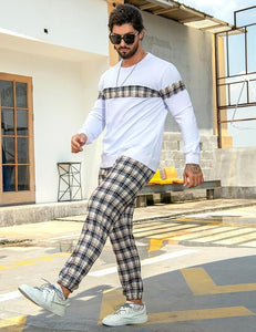 Men's White Plaid Sweatsuit and Pants Jogger Set