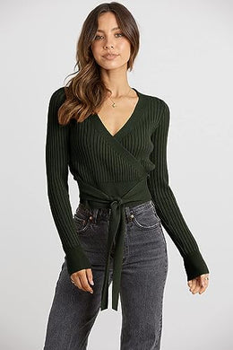 Winter Ribbed Knit Dark Army Green Long Sleeve Wrap Sweater