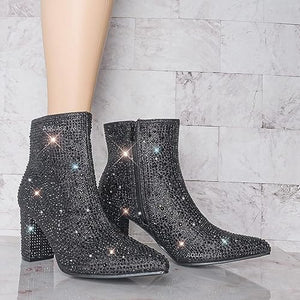 Rhinestone Studded Sequin Black Rhinestone Ankle Boots