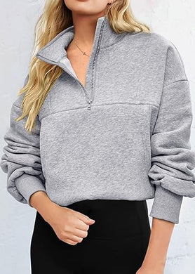 Light Grey Zip Front Long Sleeve Drawstring Pull Over Sweater