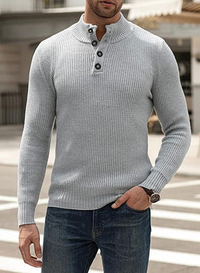 Men's Grey Knit Button Front Long Sleeve Turtleneck Sweater
