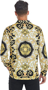 Men's Luxury Printed Gold/Black Long Sleeve Dress Shirt