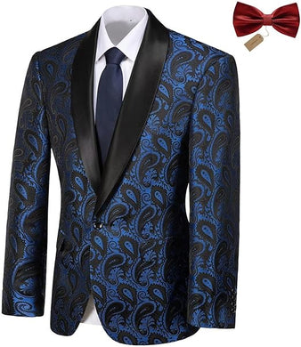 Men's Blue Paisley Embroidered Formal Blazer Jacket w/Bowtie