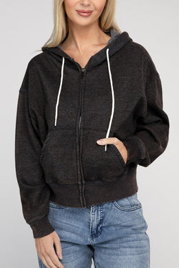 Black Acid Wash Fleece Cropped Zip-Up Hoodie