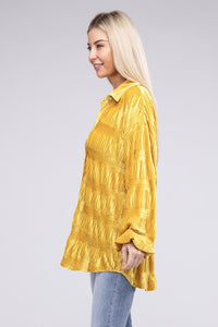 Wrinkle Effect Tiered Shirring Mustard Velvet Shirt